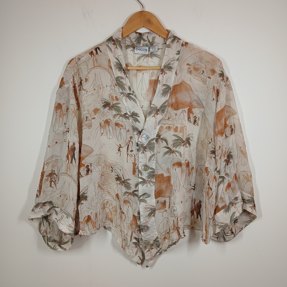 Chicos Blouse Women Large Beige Silk Tropical Print Button Front Casual